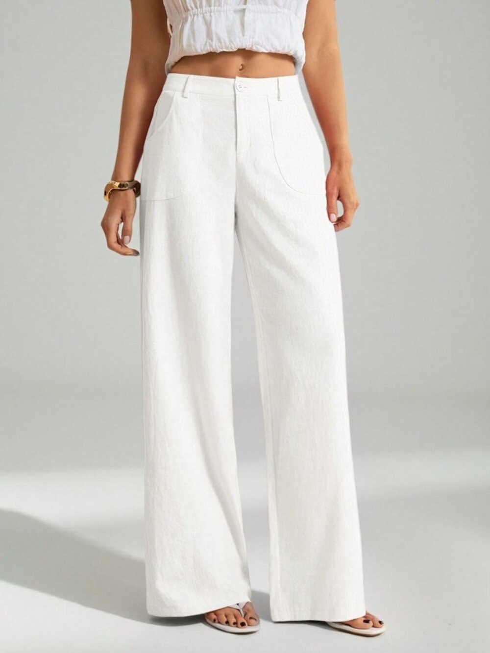White Casual Women's Washed Low Waist Straight Pants - Picture 4 of 8